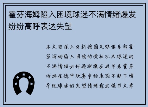 霍芬海姆陷入困境球迷不满情绪爆发纷纷高呼表达失望