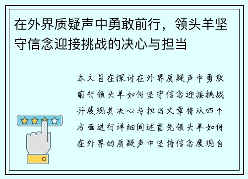 在外界质疑声中勇敢前行，领头羊坚守信念迎接挑战的决心与担当