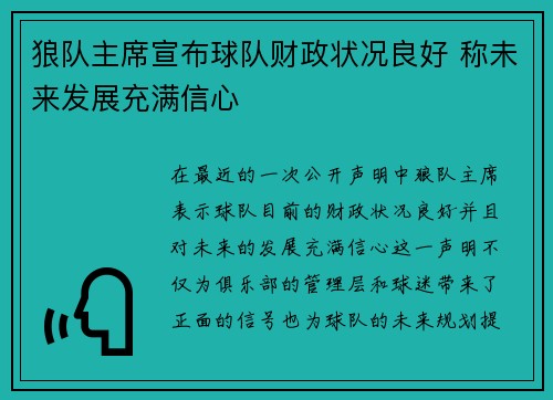 狼队主席宣布球队财政状况良好 称未来发展充满信心